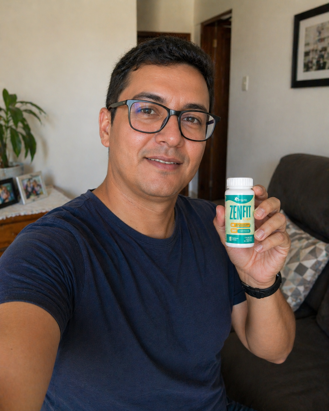 Depoimento de cliente ZenFIT Caps — homem com óculos, selfie na sala