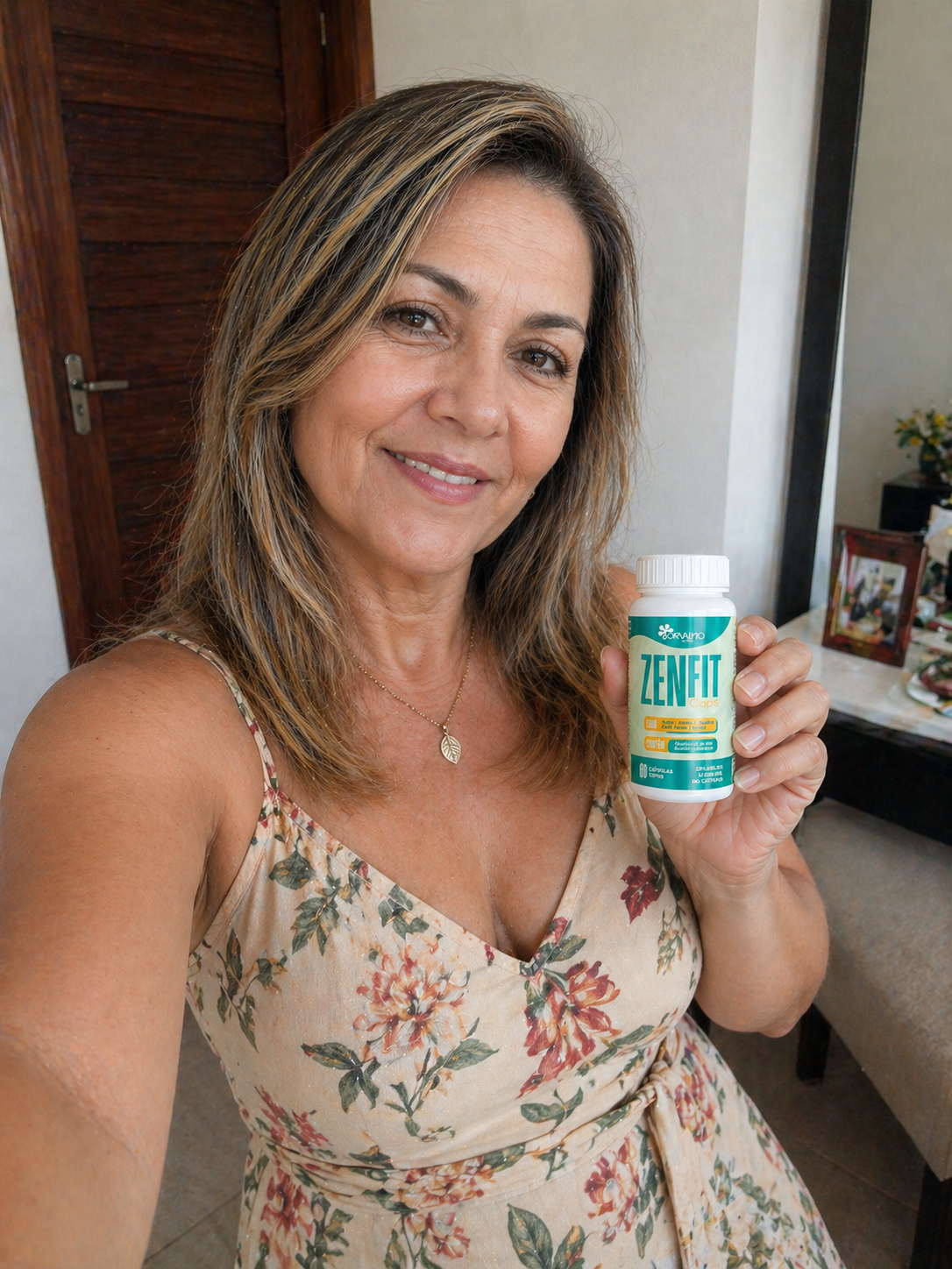 Depoimento de cliente ZenFIT Caps — mulher madura com frasco em casa
