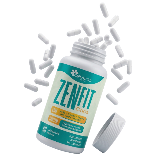 Frasco aberto do ZenFIT Caps com cápsulas — dose diária recomendada