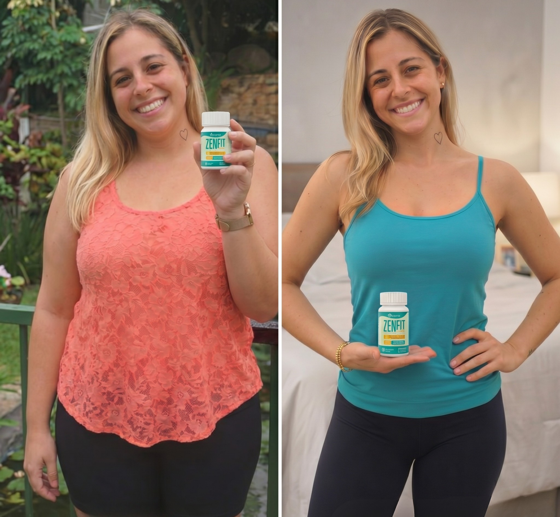 Resultado antes e depois ZenFIT Caps — mulher loira emagrecendo